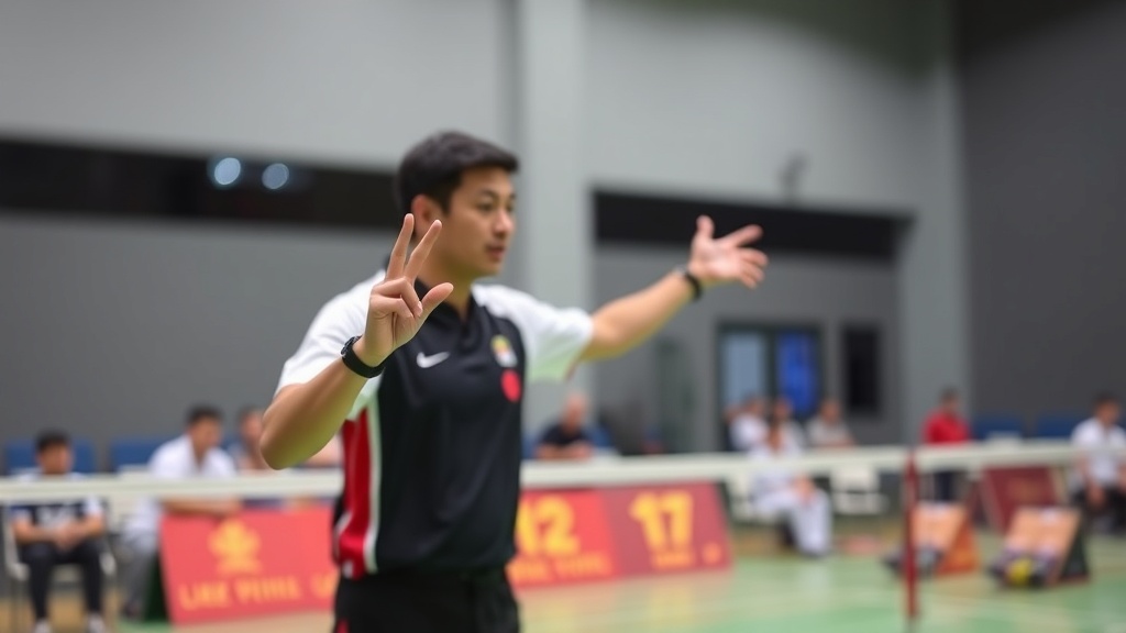 배드민턴 규정집 책자와 심판이 판정 신호를 하는 모습을 함께 보여주는 이미지